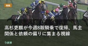 高杉吏麒が今週8鞍騎乗で復帰、馬主関係と依頼の偏りに集まる視線